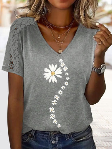 Loose Short Sleeve Crew Neck Daisy Casual Regular T-Shirt