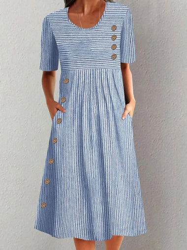 Casual Short Sleeve Crew Neck Striped Loose Midi Dress