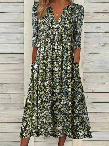 Casual Short Sleeve V Neck Floral Midi Dress