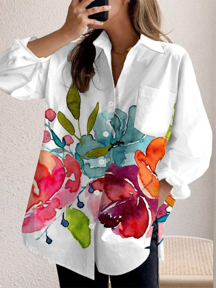 Casual Long Sleeve Shirt Collar Floral Loose Mid-Long Shirt