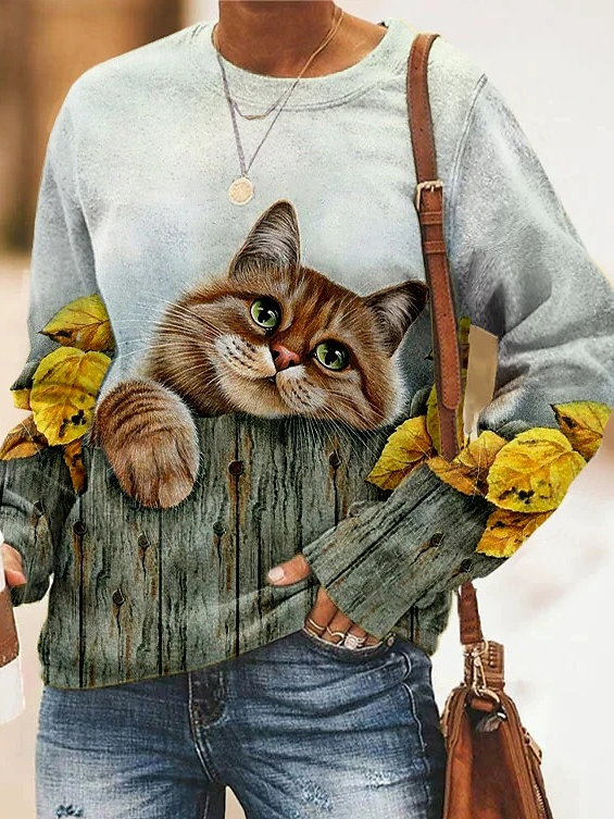 Casual Long Sleeve V Neck Cat Loose Regular Sweatshirt