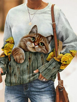 Casual Long Sleeve V Neck Cat Loose Regular Sweatshirt