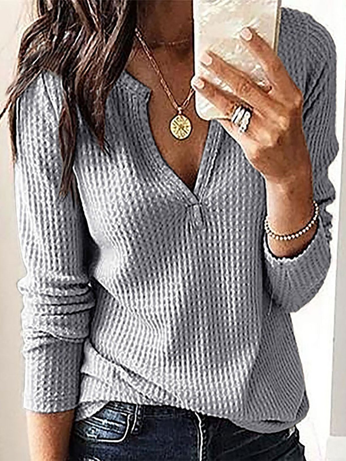 Casual Long Sleeve V Neck Plain Loose Regular Blouse