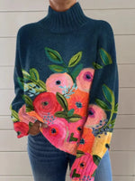 Loose Long Sleeve Turtleneck Floral Casual Regular Sweatshirt