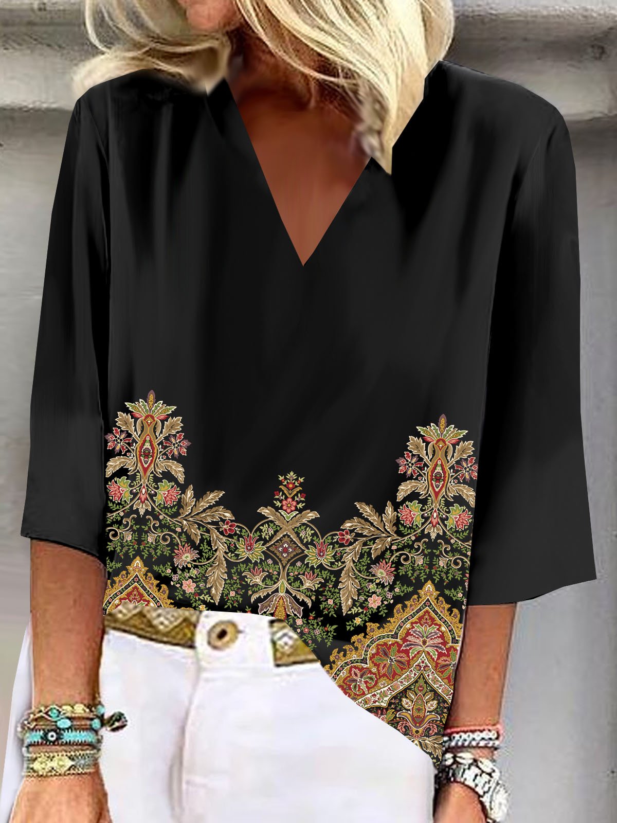 Casual Three Quarter Sleeve V Neck Ethnic Floral Loose Regular Blouse