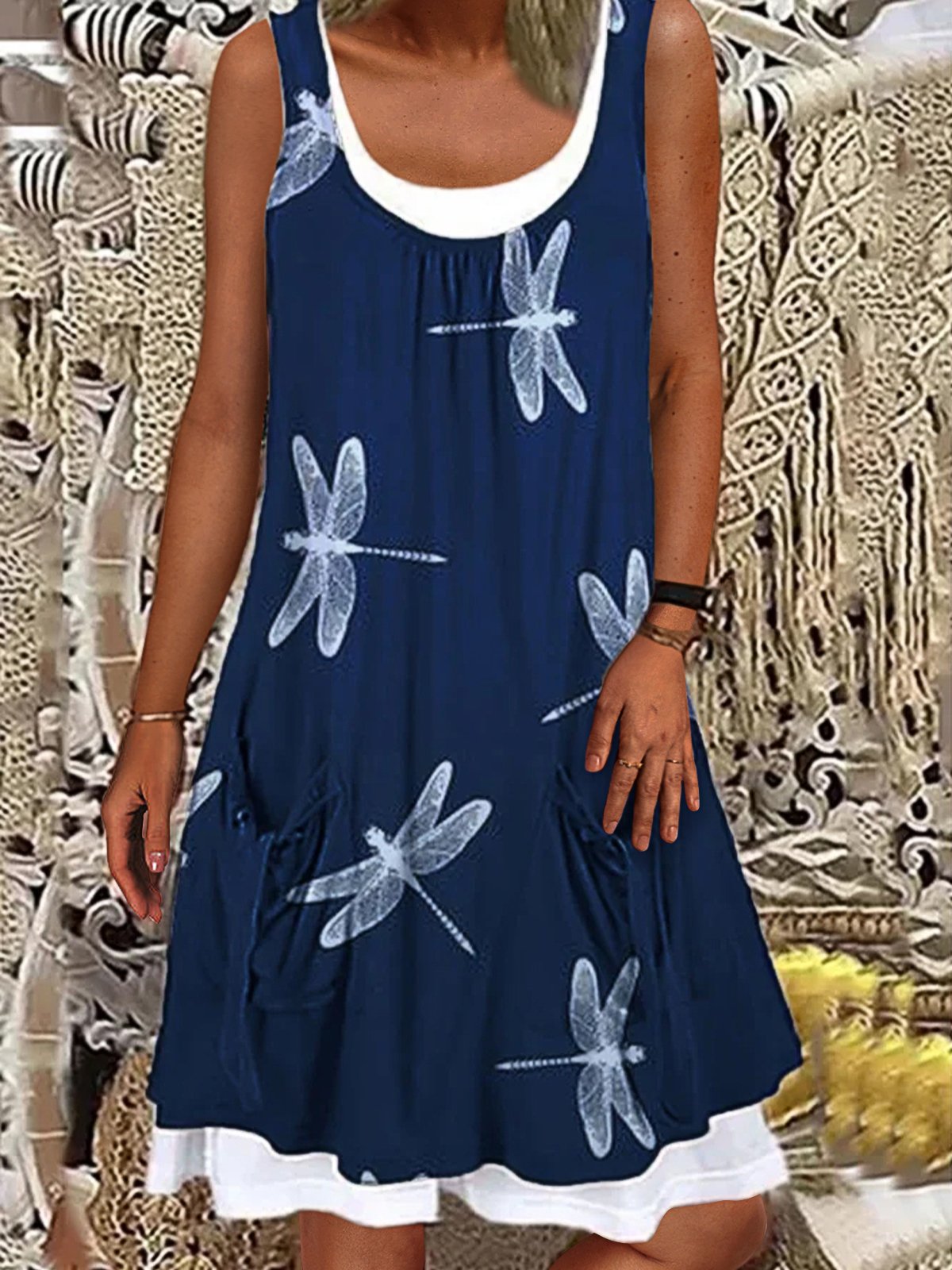 Casual Sleeveless Crew Neck Dragonfly Knee Length Midi Dress