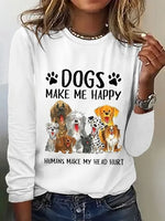 Loose Long Sleeve Crew Neck Dog Casual Regular T-Shirt