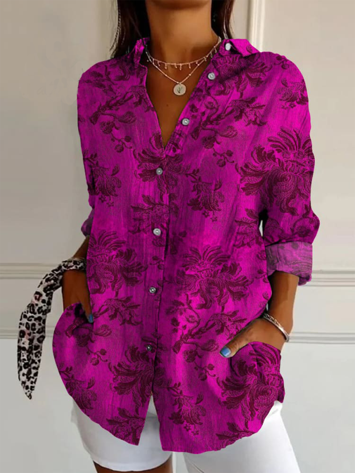 Simple Long Sleeve Shawl Collar Floral Loose Mid-Long Shirt