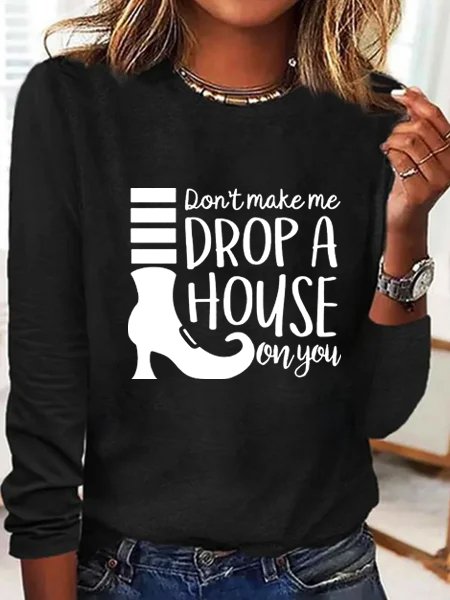 Loose Long Sleeve Crew Neck Text Letters Casual Regular T-Shirt