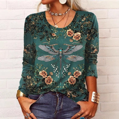 Casual Long Sleeve Crew Neck Ethnic Striped Floral Loose Regular T-Shirt