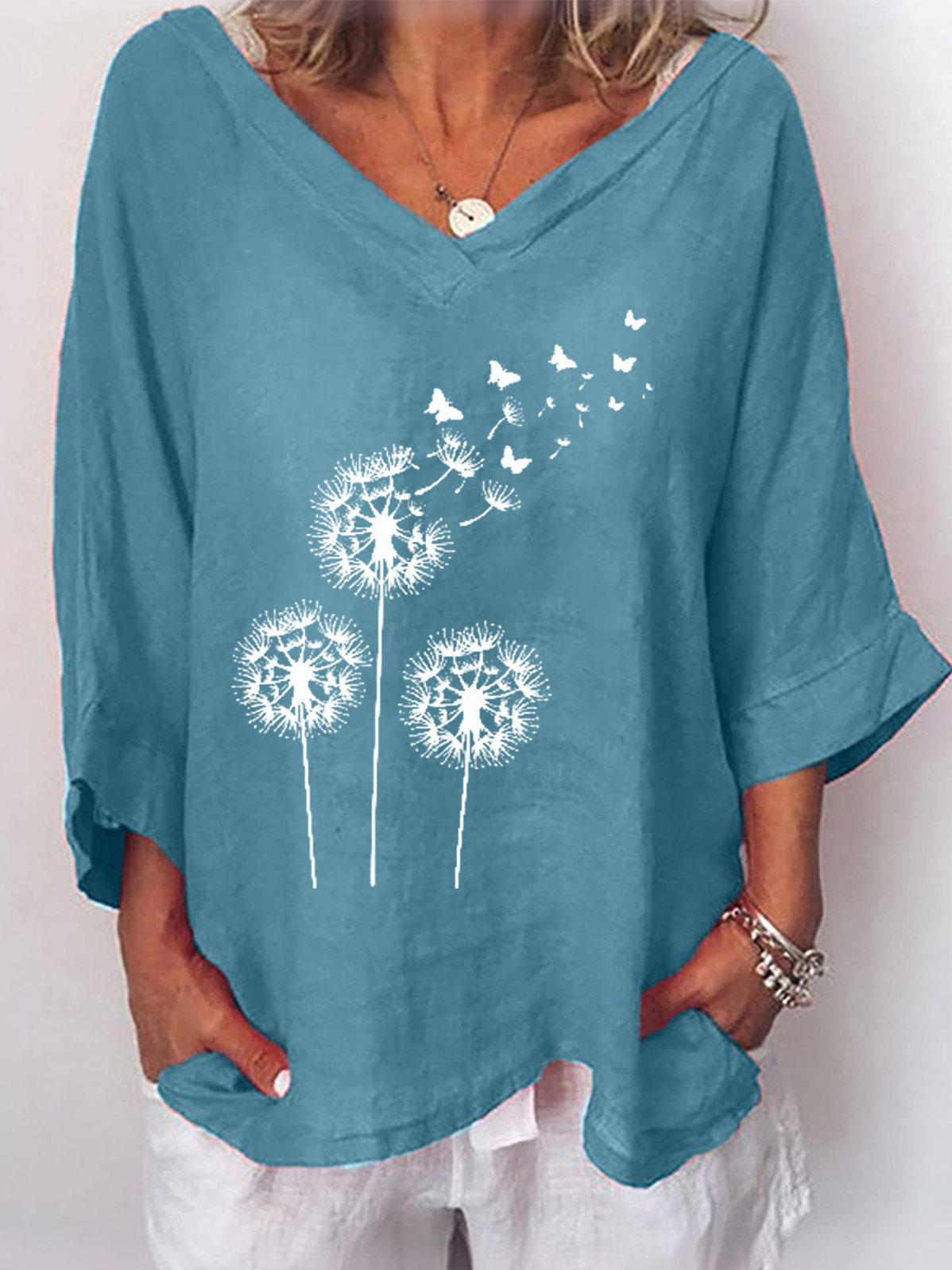 Casual Long Sleeve V Neck Dandelion Loose Regular Blouse