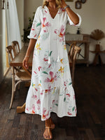 Casual Short Sleeve V Neck Floral Loose Maxi Dress