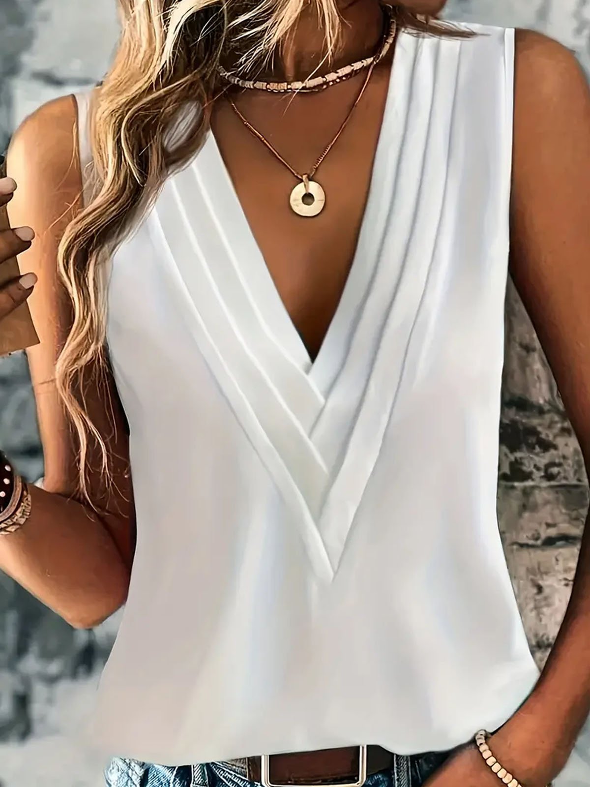 Casual Sleeveless V Neck Plain Loose Regular Tank Top