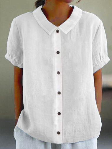 Linen Short Sleeve Shawl Collar Plain Loose Regular Shirt