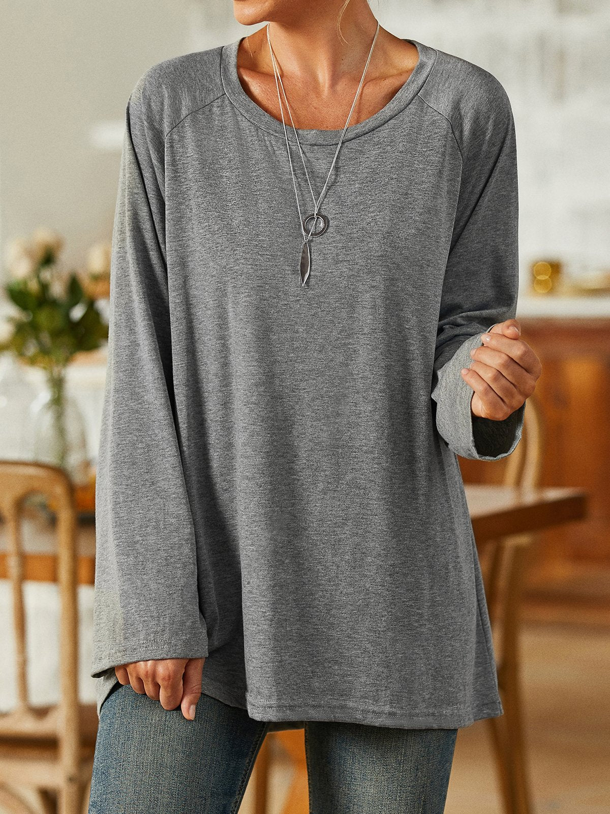 Casual Extra-Long Sleeve Crew Neck Plain Regular T-Shirt