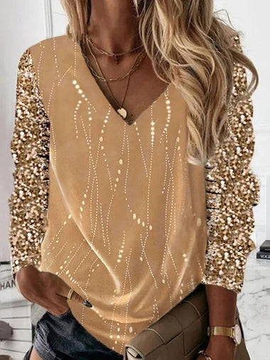 Casual Long Sleeve V Neck Plain Glitter Loose Regular Blouse