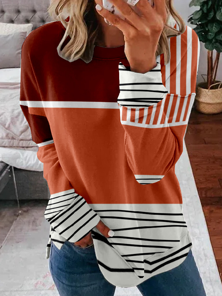 Casual Long Sleeve Crew Neck Geometric Zipper Loose Regular Sweatshirt