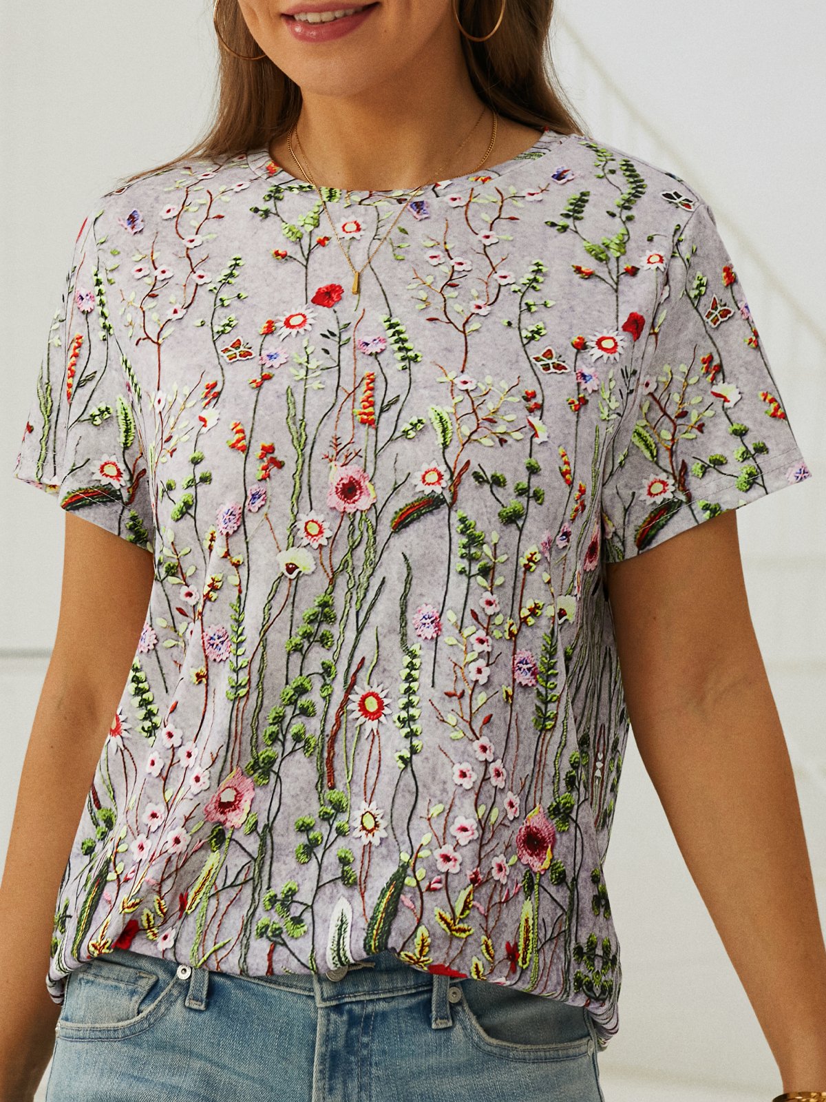 Casual Short Sleeve Crew Neck Floral Loose Regular T-Shirt