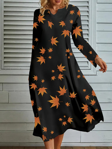 Casual Long Sleeve Crew Neck Leaf Loose Midi Dress