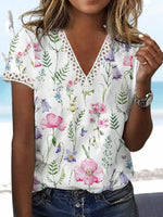 Casual Short Sleeve V Neck Floral Pattern Regular T-Shirt