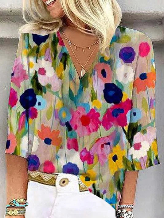 Loose Three Quarter Sleeve V Neck Floral Casual Regular Blouse