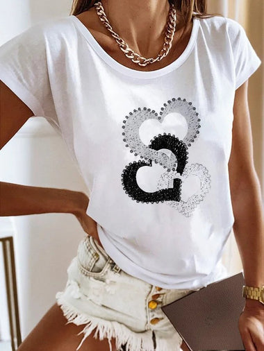 Casual Short Sleeve Crew Neck Heart/Cordate Loose Regular T-Shirt