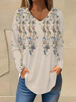 Casual Long Sleeve V Neck Floral Loose Regular Blouse