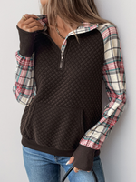 Casual Long Sleeve Shawl Collar Plaid Zipper Loose Regular Sweatshirt