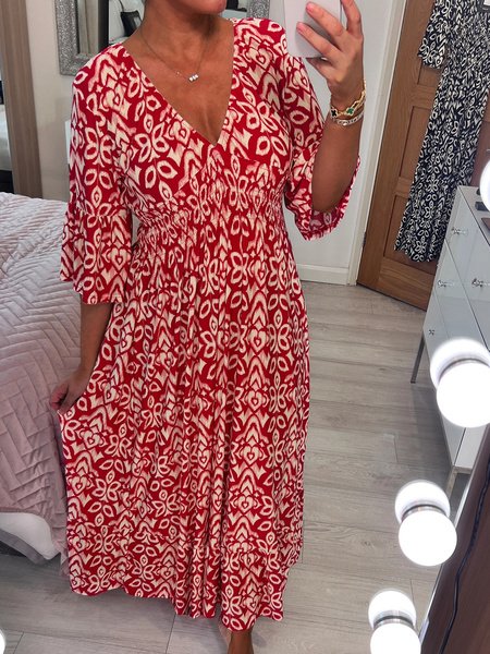 Casual Three Quarter Sleeve V Neck Ethnic Maxi Dress