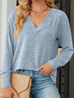 Loose Long Sleeve V Neck Plain Casual Regular T-Shirt