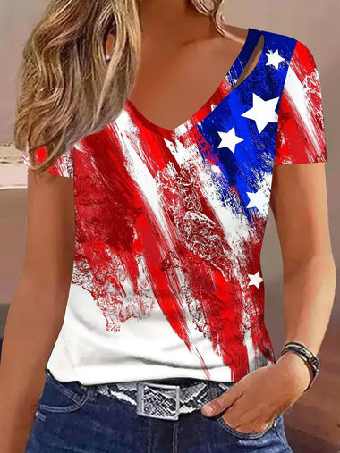 Loose Short Sleeve V Neck America Flag Casual Regular Blouse