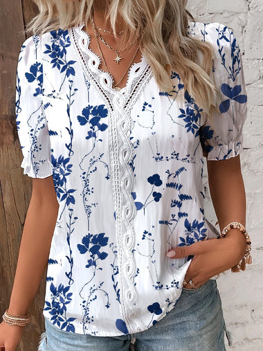 Loose Short Sleeve V Neck Floral Casual Regular Blouse