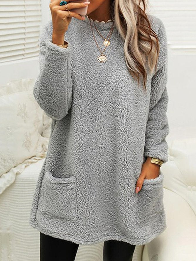 Loose Long Sleeve Crew Neck Plain Casual Midi Dress