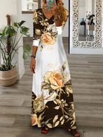 Casual Long Sleeve V Neck Floral Loose Maxi Dress