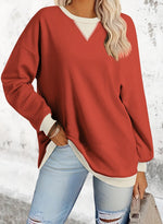 Loose Long Sleeve V Neck Contrast Stitching Casual Mid-Long Sweatshirt