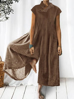 Loose Cap Sleeve Half Open Collar Plain Linen Jumpsuit