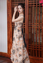 French Romantic Retro Atmosphere Floral Halter Cutout Tie Waist Dress