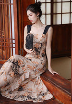 French Romantic Retro Atmosphere Floral Halter Cutout Tie Waist Dress