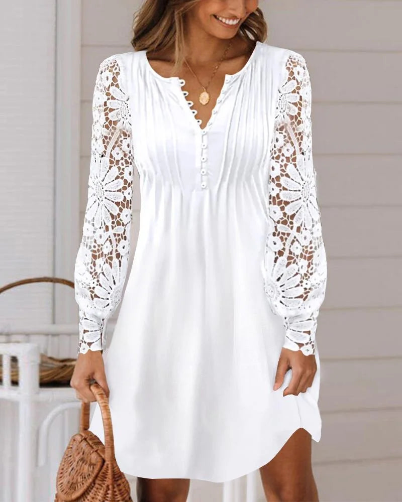 Plus Size Casual Long Sleeve V Neck Plain Lace Maxi Dress