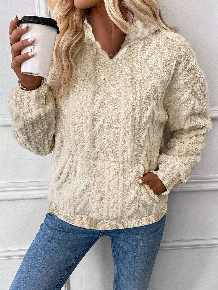 Casual Long Sleeve V Neck Ribbed Regular Sweatshirt