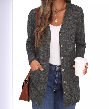 V Neck Long Sleeve Plain Casual Mid-Long Cardigan