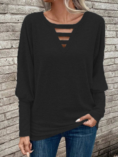 Loose Long Sleeve Crew Neck Plain Casual Regular Blouse