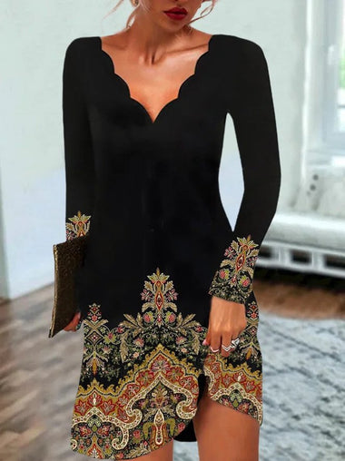 Casual Long Sleeve V Neck Ethnic Midi Dress