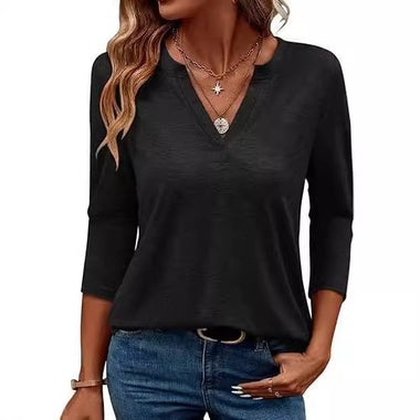 Casual Long Sleeve V Neck Plain Loose Regular Blouse