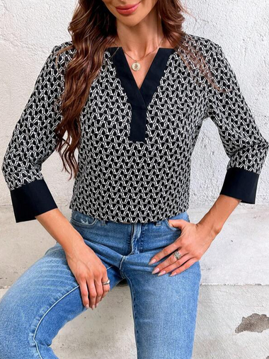 Casual Long Sleeve V Neck Geometric Loose Regular Blouse