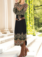 Casual Long Sleeve Crew Neck Ethnic Loose Midi Dress