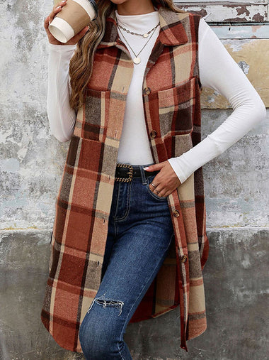 Casual Sleeveless Plaid Buckle Pocket Stitching Loose Mid-Long Vest