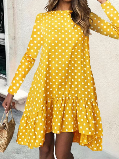 Casual Long Sleeve Turtleneck Polka Dots Loose Midi Dress