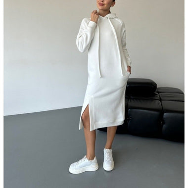 Plus Size Casual Long Sleeve Hoodie Plain Midi Dress