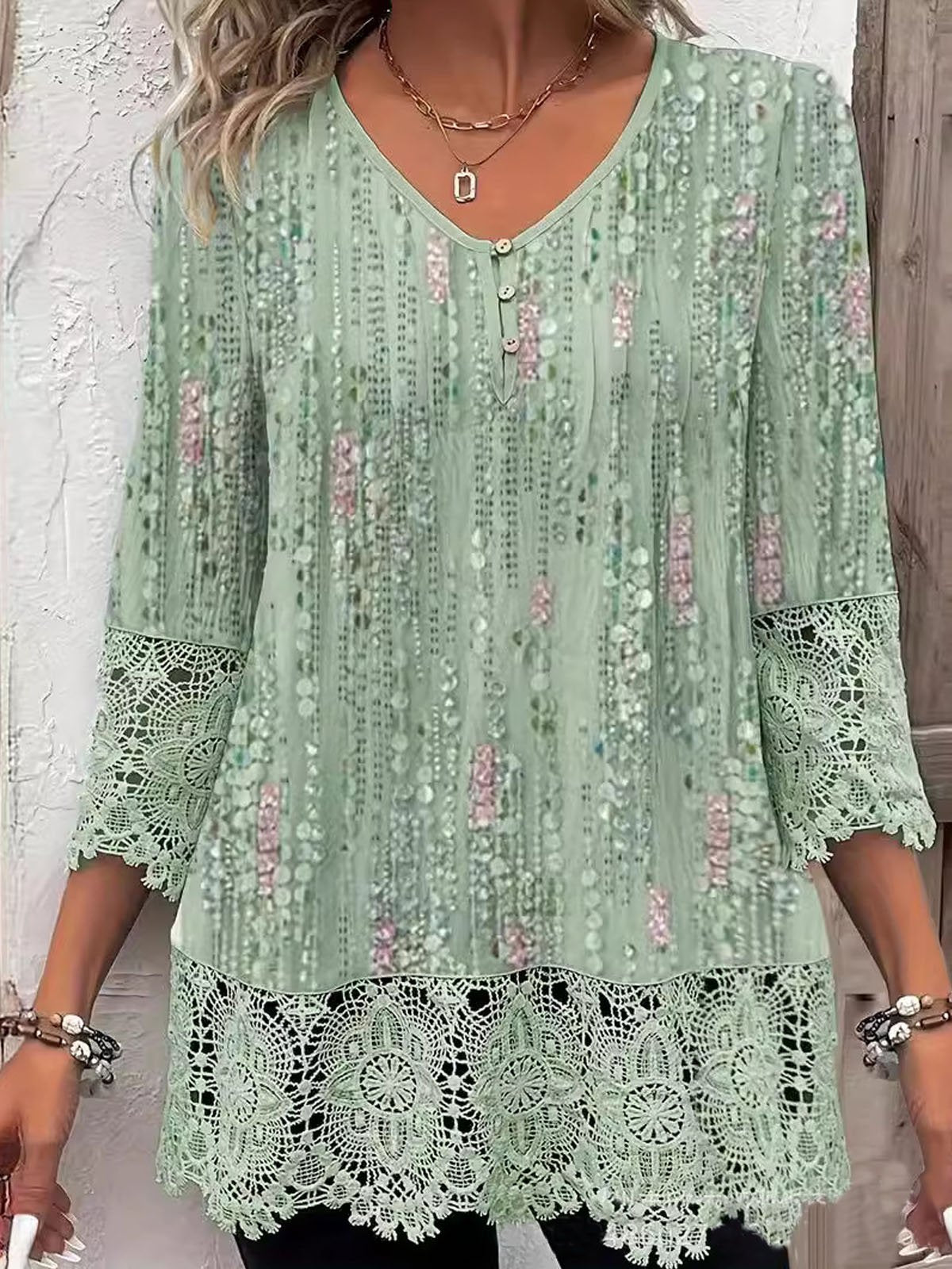 Casual Three Quarter Sleeve V Neck Floral Loose Mid-Long Blouse